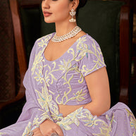 Laxmipati Firki  Floral Embroidered Chiffon Saree in Lavender Color with Unstitched Blouse