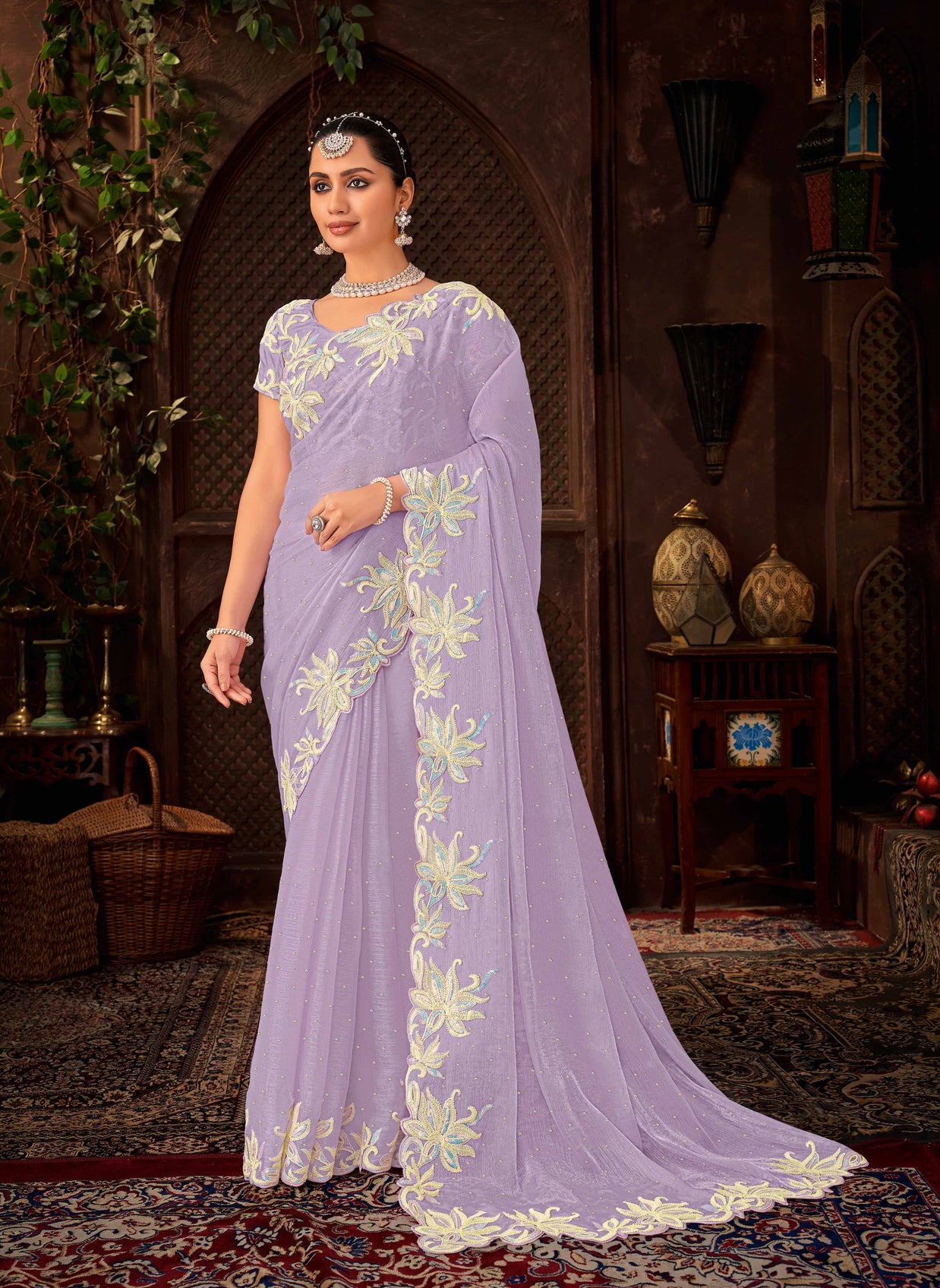 Laxmipati Firki  Floral Embroidered Chiffon Saree in Lavender Color with Unstitched Blouse