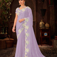 Laxmipati Firki  Floral Embroidered Chiffon Saree in Lavender Color with Unstitched Blouse