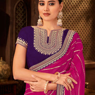 Laxmipati Firki  Striped Printed & Zari Lace Border Georgette Saree in Magenta Color with Unstitched Blouse