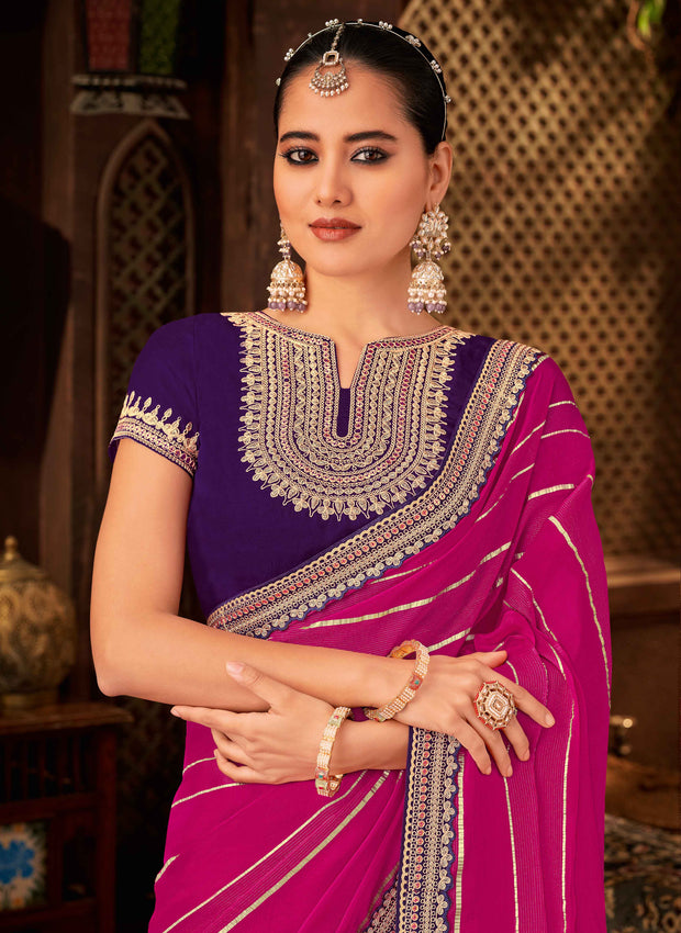 Laxmipati Firki  Striped Printed & Zari Lace Border Georgette Saree in Magenta Color with Unstitched Blouse