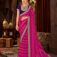 Laxmipati Firki  Striped Printed & Zari Lace Border Georgette Saree in Magenta Color with Unstitched Blouse