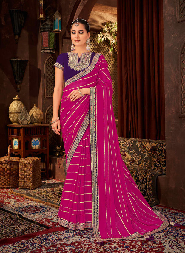 Laxmipati Firki  Striped Printed & Zari Lace Border Georgette Saree in Magenta Color with Unstitched Blouse