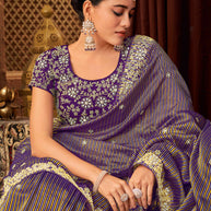 Laxmipati Firki Striped Printed & Zari Lace Border Silk Saree in Purple Color with Unstitched Blouse