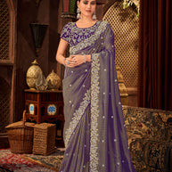Laxmipati Firki Striped Printed & Zari Lace Border Silk Saree in Purple Color with Unstitched Blouse
