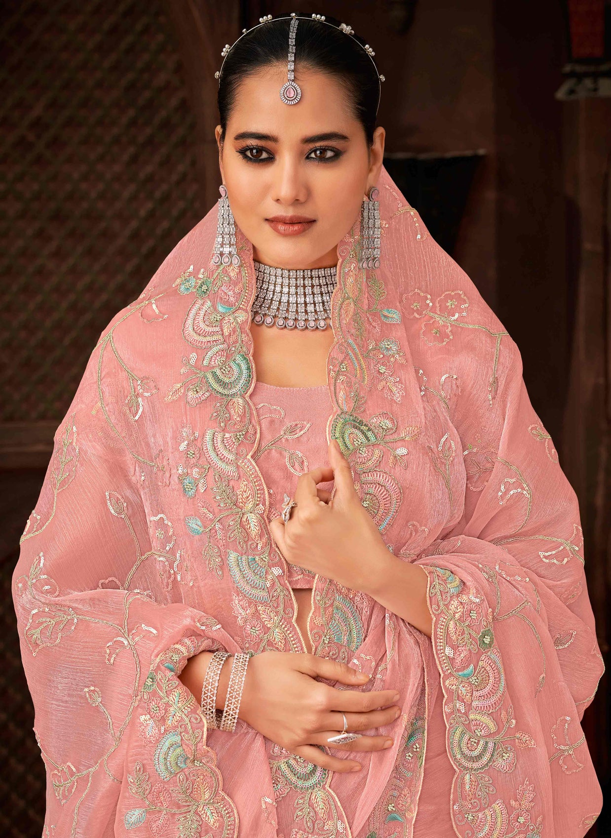 Laxmipati Firki Floral Embroidered Chiffon Saree in Peach Color with Unstitched Blouse