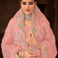 Laxmipati Firki Floral Embroidered Chiffon Saree in Peach Color with Unstitched Blouse
