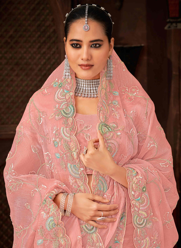 Laxmipati Firki Floral Embroidered Chiffon Saree in Peach Color with Unstitched Blouse