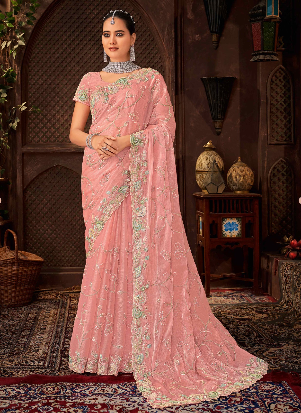 Laxmipati Firki Floral Embroidered Chiffon Saree in Peach Color with Unstitched Blouse