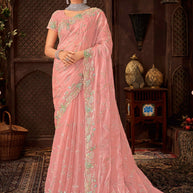 Laxmipati Firki Floral Embroidered Chiffon Saree in Peach Color with Unstitched Blouse