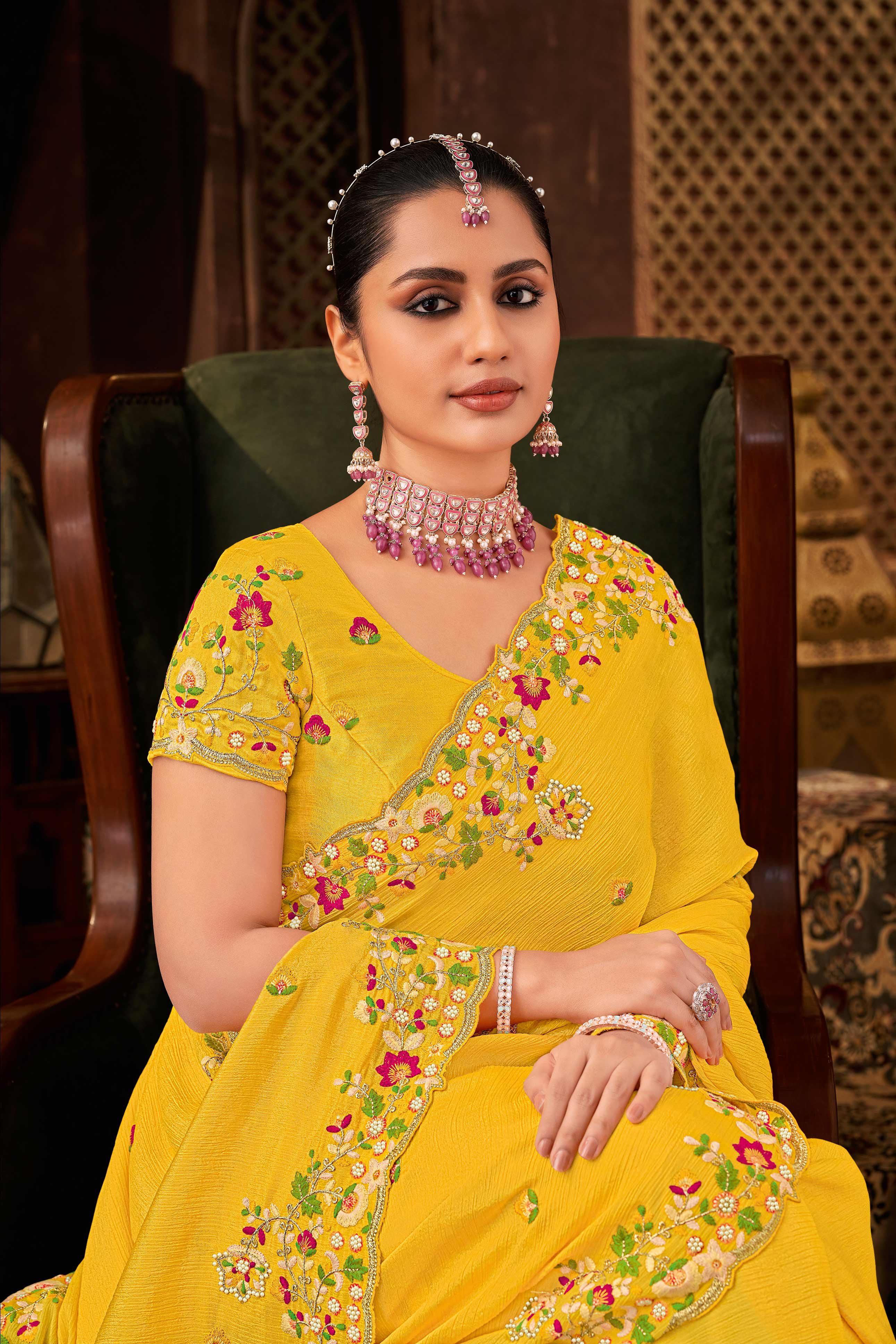Laxmipati Floral Embroidered Silk Saree in Yellow Color with Unstitched Blouse