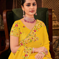 Laxmipati Floral Embroidered Silk Saree in Yellow Color with Unstitched Blouse
