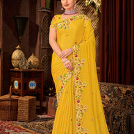 Laxmipati Floral Embroidered Silk Saree in Yellow Color with Unstitched Blouse
