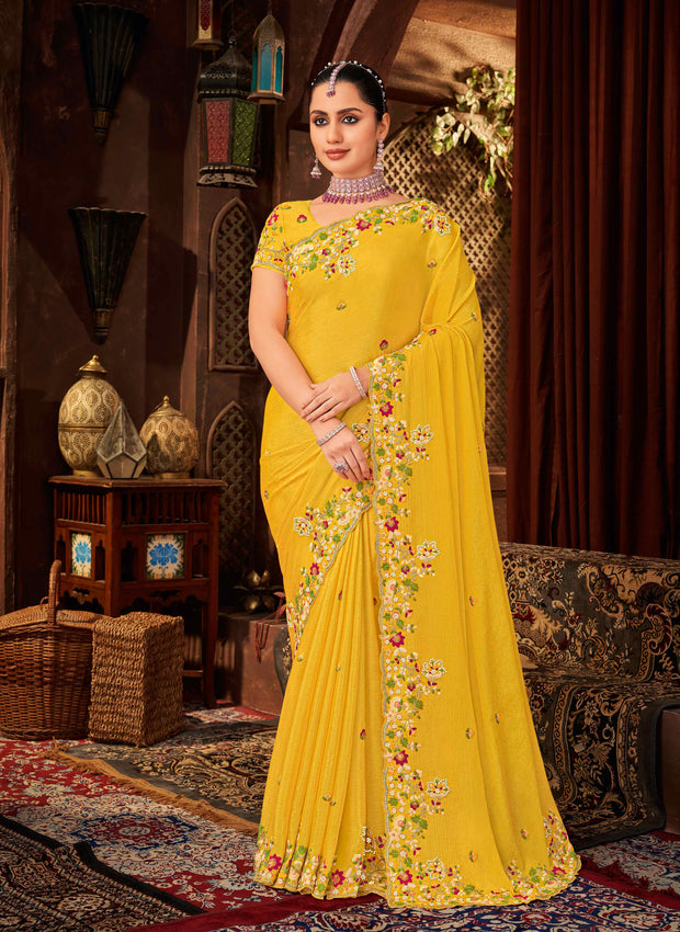 Laxmipati Floral Embroidered Silk Saree in Yellow Color with Unstitched Blouse