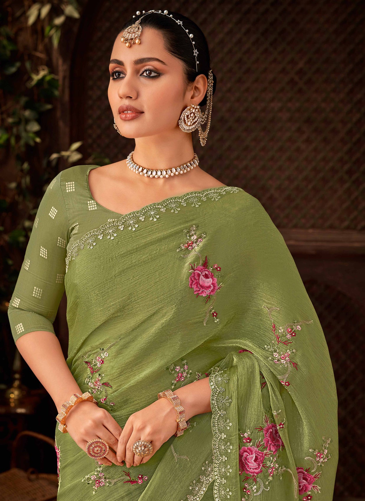 Laxmipati Firki Floral Embroidered Chiffon Saree in Green Color with Unstitched Blouse