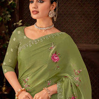 Laxmipati Firki Floral Embroidered Chiffon Saree in Green Color with Unstitched Blouse