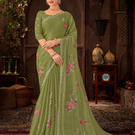 Laxmipati Firki Floral Embroidered Chiffon Saree in Green Color with Unstitched Blouse