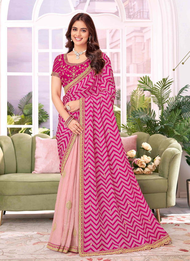 Laxmipati Megha Bandhani Printed Chiffon Saree in Magenta Color with Unstitched Blouse