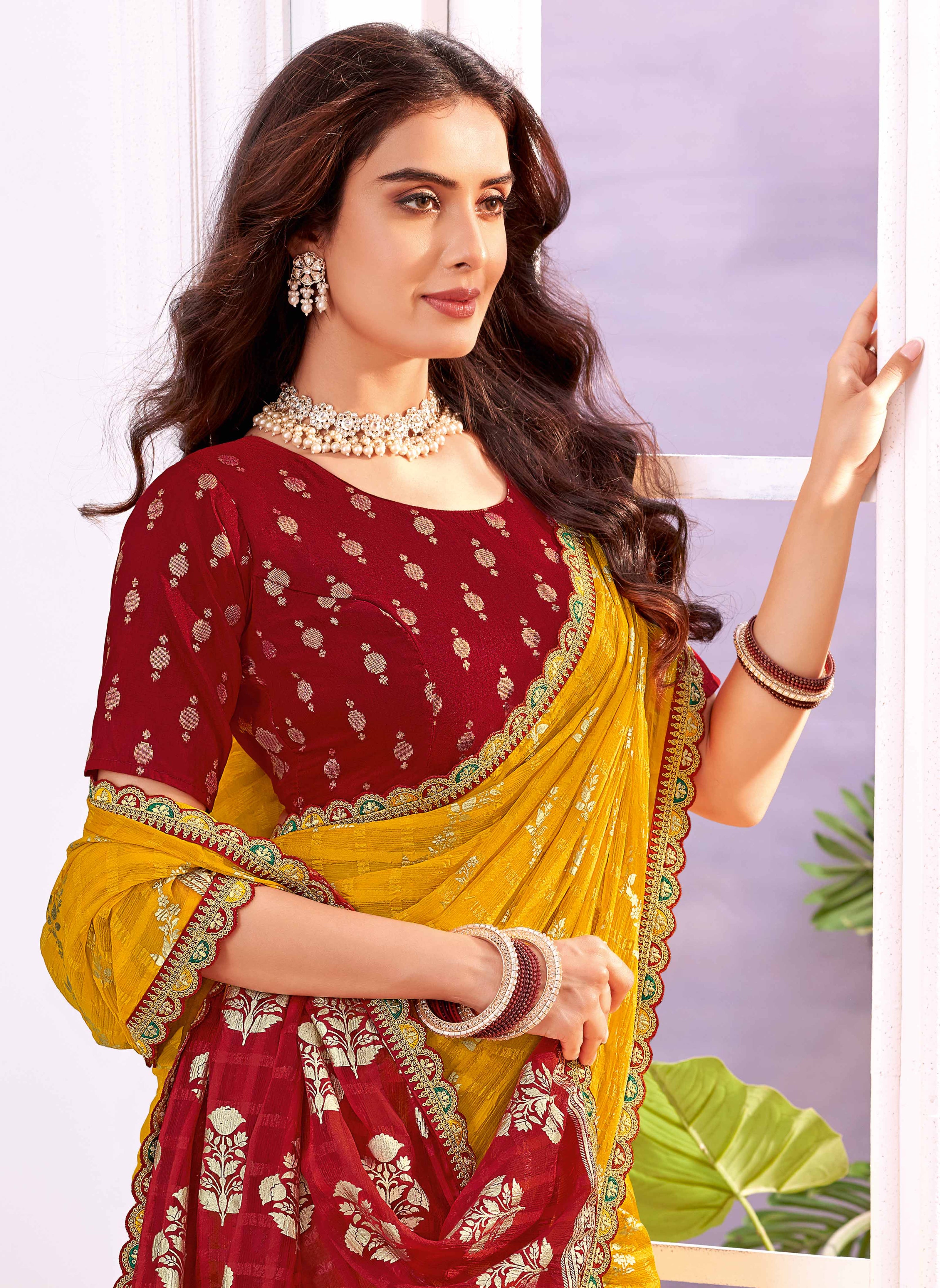Laxmipati Megha Floral Foil Work Georgette Saree in Mustard Color with Unstitched Blouse