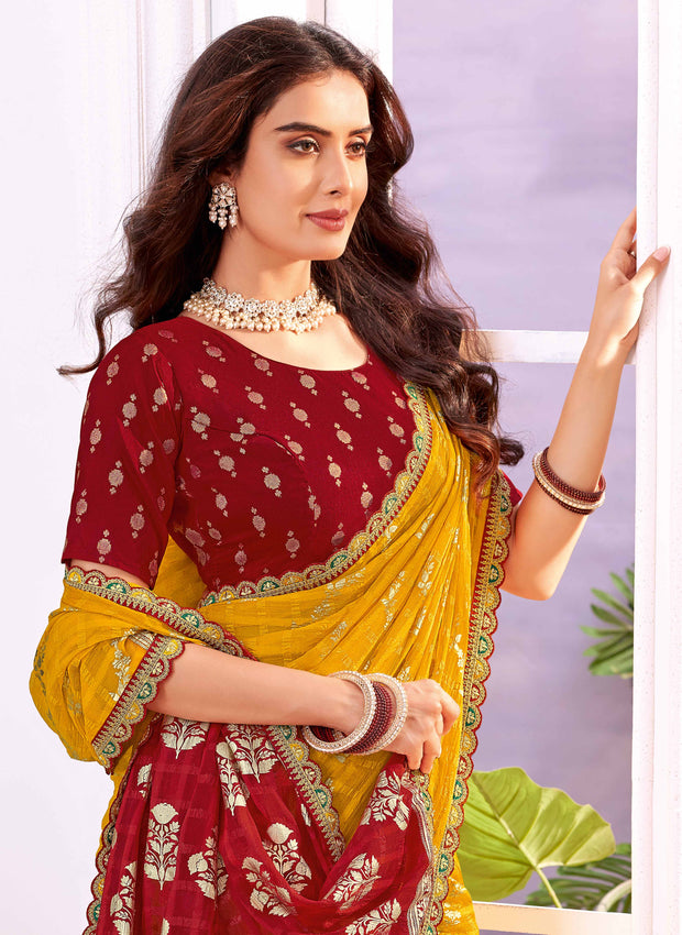 Laxmipati Megha Floral Foil Work Georgette Saree in Mustard Color with Unstitched Blouse