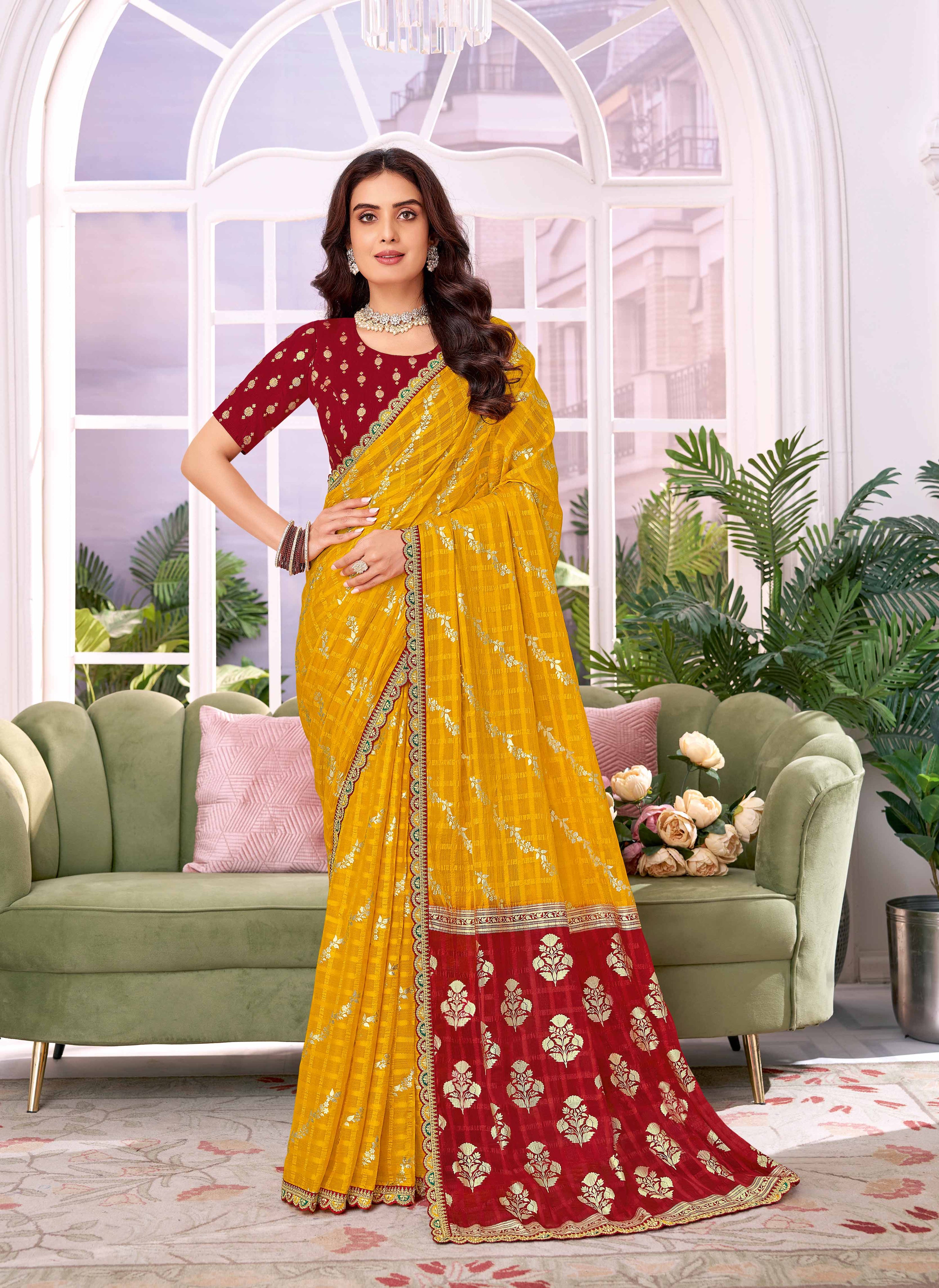 Laxmipati Megha Floral Foil Work Georgette Saree in Mustard Color with Unstitched Blouse