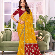 Laxmipati Megha Floral Foil Work Georgette Saree in Mustard Color with Unstitched Blouse