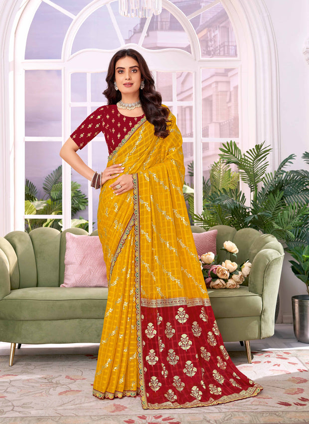 Laxmipati Megha Floral Foil Work Georgette Saree in Mustard Color with Unstitched Blouse