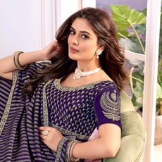 Laxmipati Megha Striped Printed Silk Saree in Dark Purple Color with Unstitched Blouse