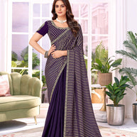 Laxmipati Megha Striped Printed Silk Saree in Dark Purple Color with Unstitched Blouse