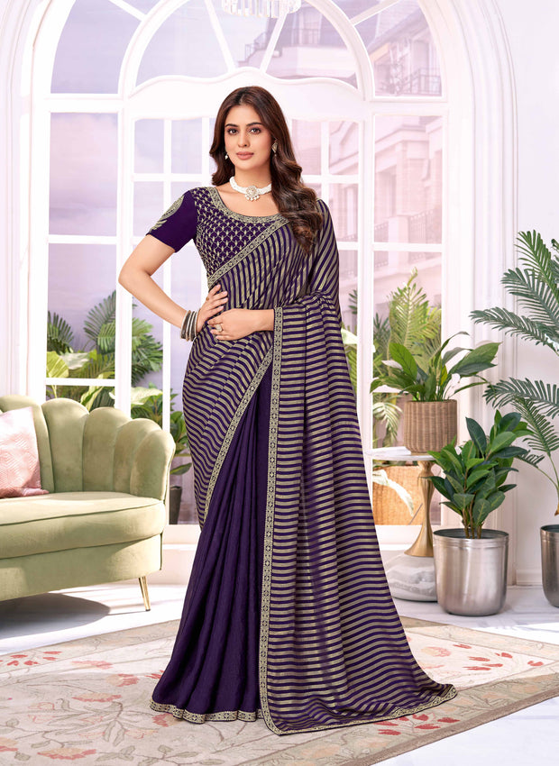 Laxmipati Megha Striped Printed Silk Saree in Dark Purple Color with Unstitched Blouse