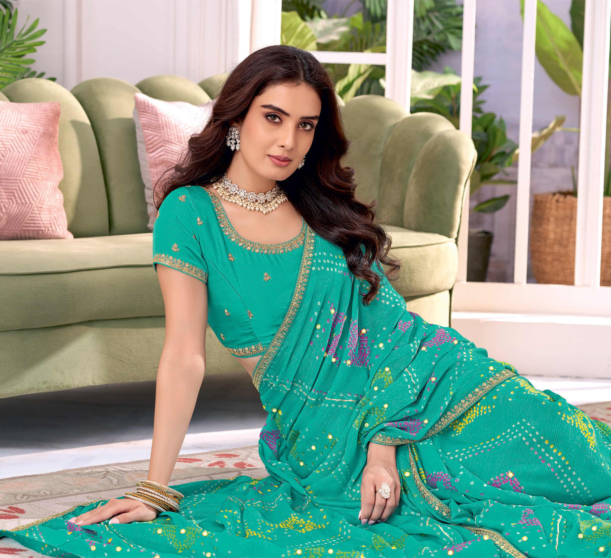 Laxmipati Megha Bandhani Printed Chiffon Saree in Turquoise Blue Color with Unstitched Blouse