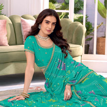 Laxmipati Megha Bandhani Printed Chiffon Saree in Turquoise Blue Color with Unstitched Blouse