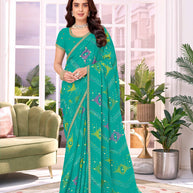 Laxmipati Megha Bandhani Printed Chiffon Saree in Turquoise Blue Color with Unstitched Blouse