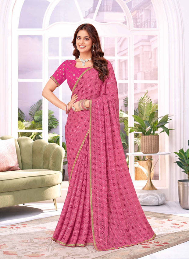 Laxmipati Megha Bandhani Printed Georgette Saree in Pink Color with Unstitched Blouse