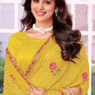 Laxmipati Megha Rose Embroidered Chiffon Saree in Yellow Color & Stripe Print with Unstitched Blouse
