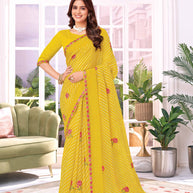 Laxmipati Megha Rose Embroidered Chiffon Saree in Yellow Color & Stripe Print with Unstitched Blouse