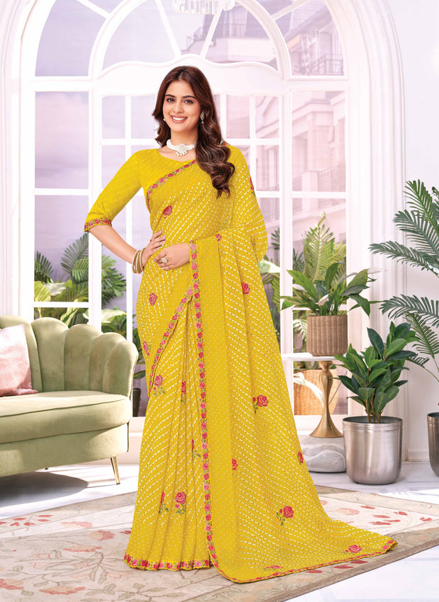 Laxmipati Megha Rose Embroidered Chiffon Saree in Yellow Color & Stripe Print with Unstitched Blouse