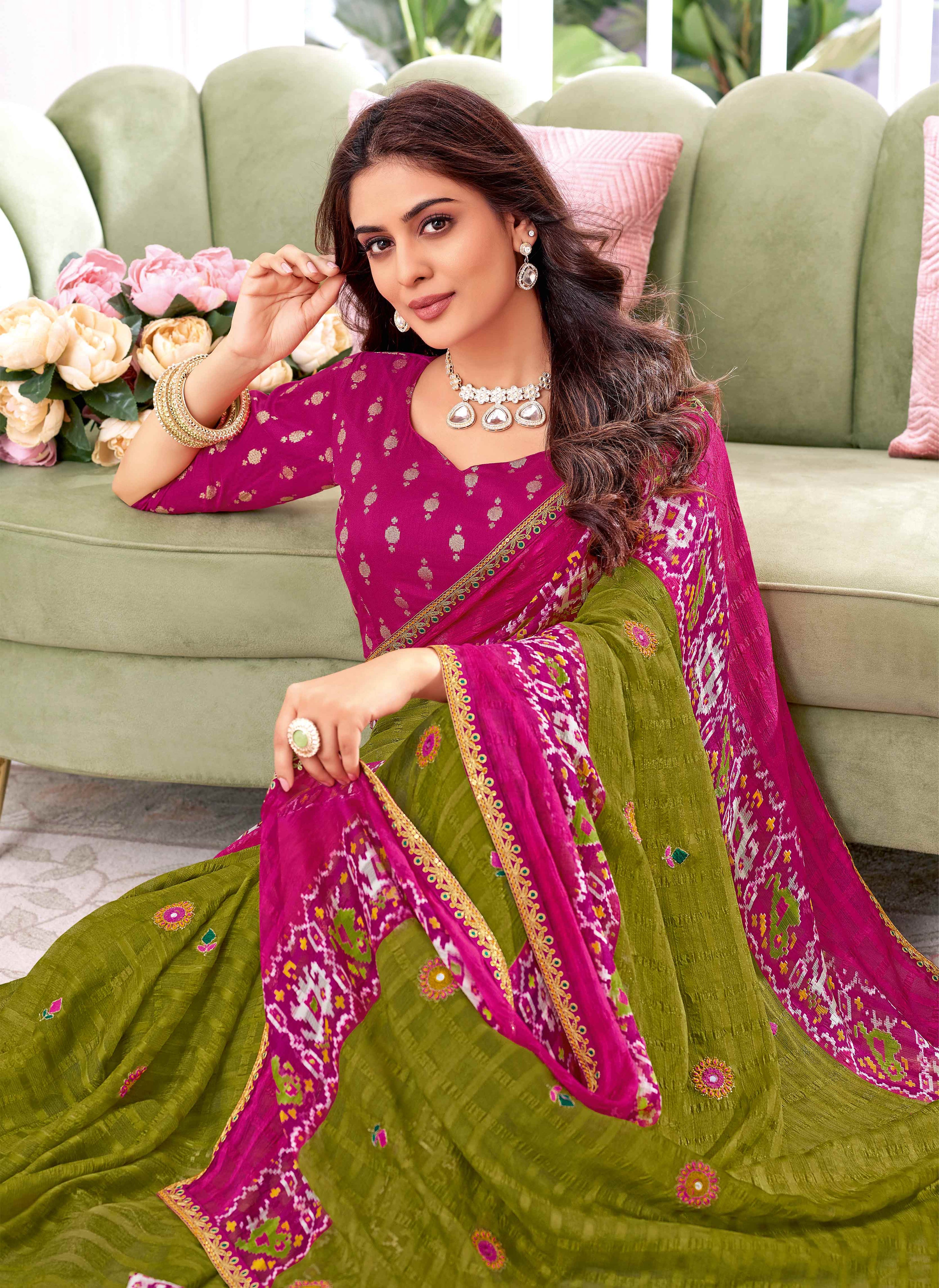 Laxmipati Megha Floral Embroidered Chiffon Saree in Olive Green & Ikat Print with Unstitched Blouse