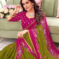 Laxmipati Megha Floral Embroidered Chiffon Saree in Olive Green & Ikat Print with Unstitched Blouse