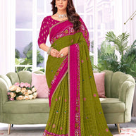 Laxmipati Megha Floral Embroidered Chiffon Saree in Olive Green & Ikat Print with Unstitched Blouse