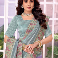 Laxmipati Megha Multicolor Tissue Organza Saree with Stripe Print & Peacock Embroidered Border with Unstitched blouse