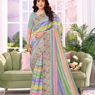 Laxmipati Megha Multicolor Tissue Organza Saree with Stripe Print & Peacock Embroidered Border with Unstitched blouse