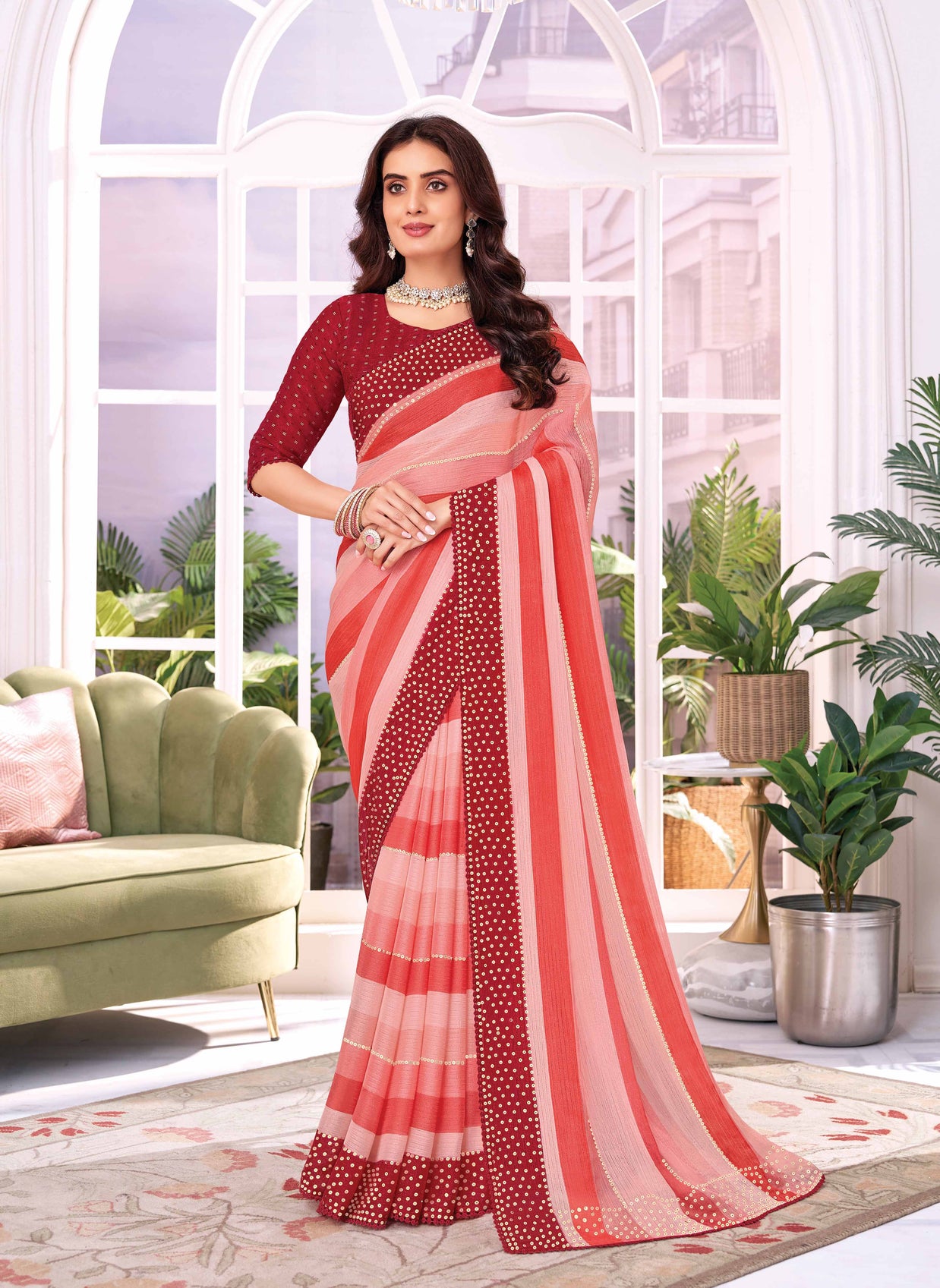 Laxmipati Striped Printed Chiffon Saree in Coral Color with Unstitched Blouse