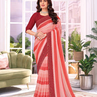 Laxmipati Striped Printed Chiffon Saree in Coral Color with Unstitched Blouse