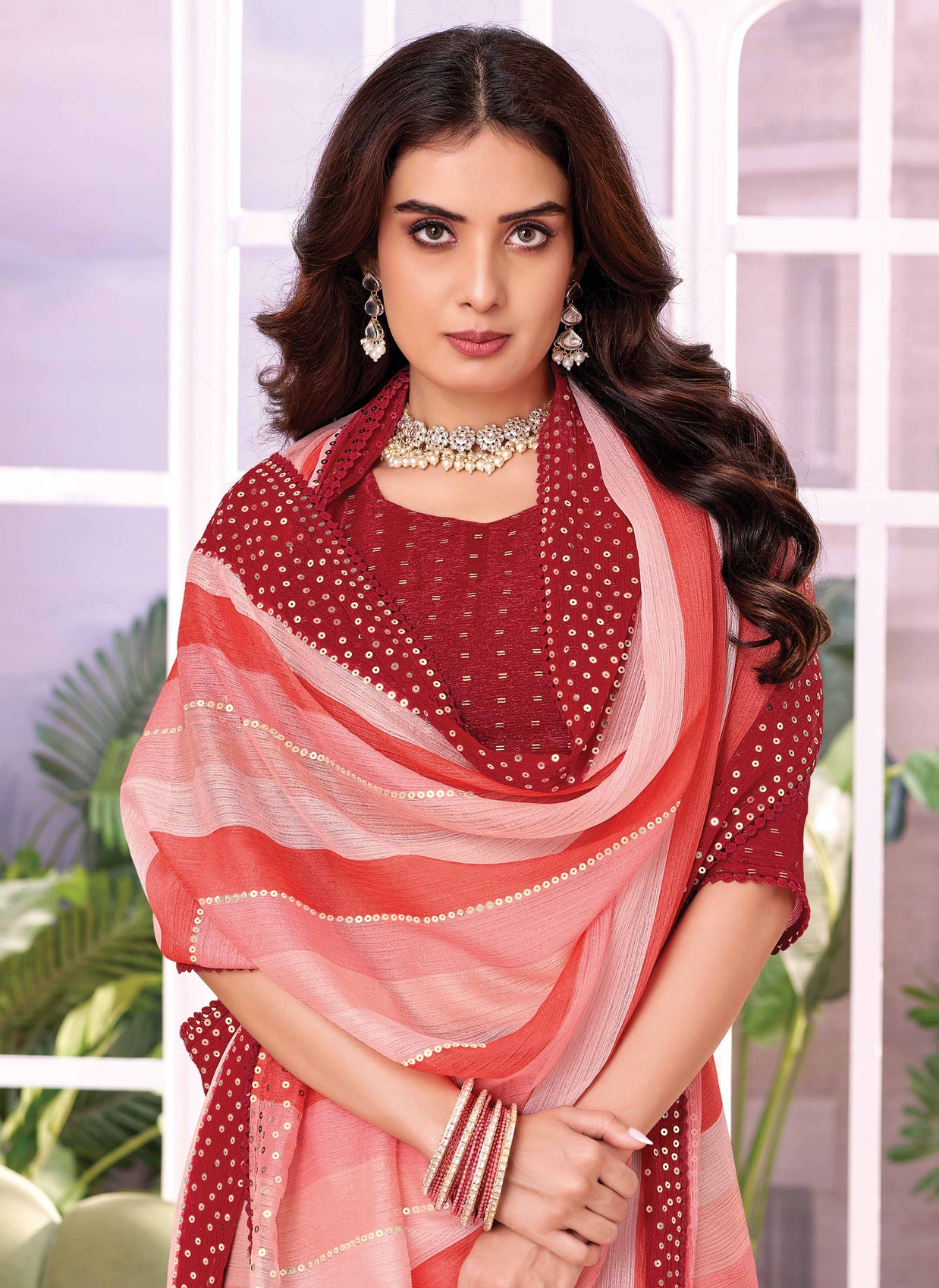 Laxmipati Striped Printed Chiffon Saree in Coral Color with Unstitched Blouse