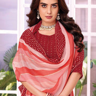 Laxmipati Striped Printed Chiffon Saree in Coral Color with Unstitched Blouse