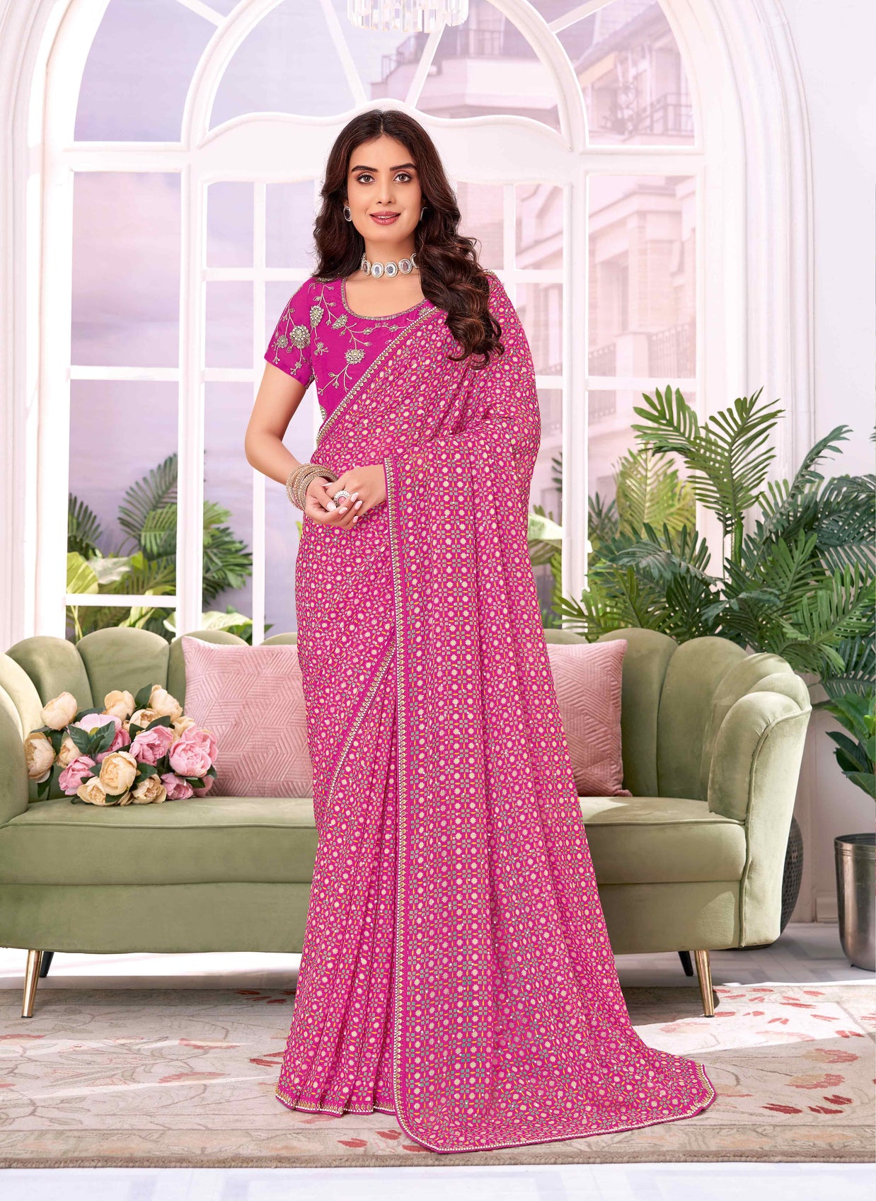 Laxmipati Megha Geometric Printed Chiffon Saree in Magenta Color with Unstitched Blouse