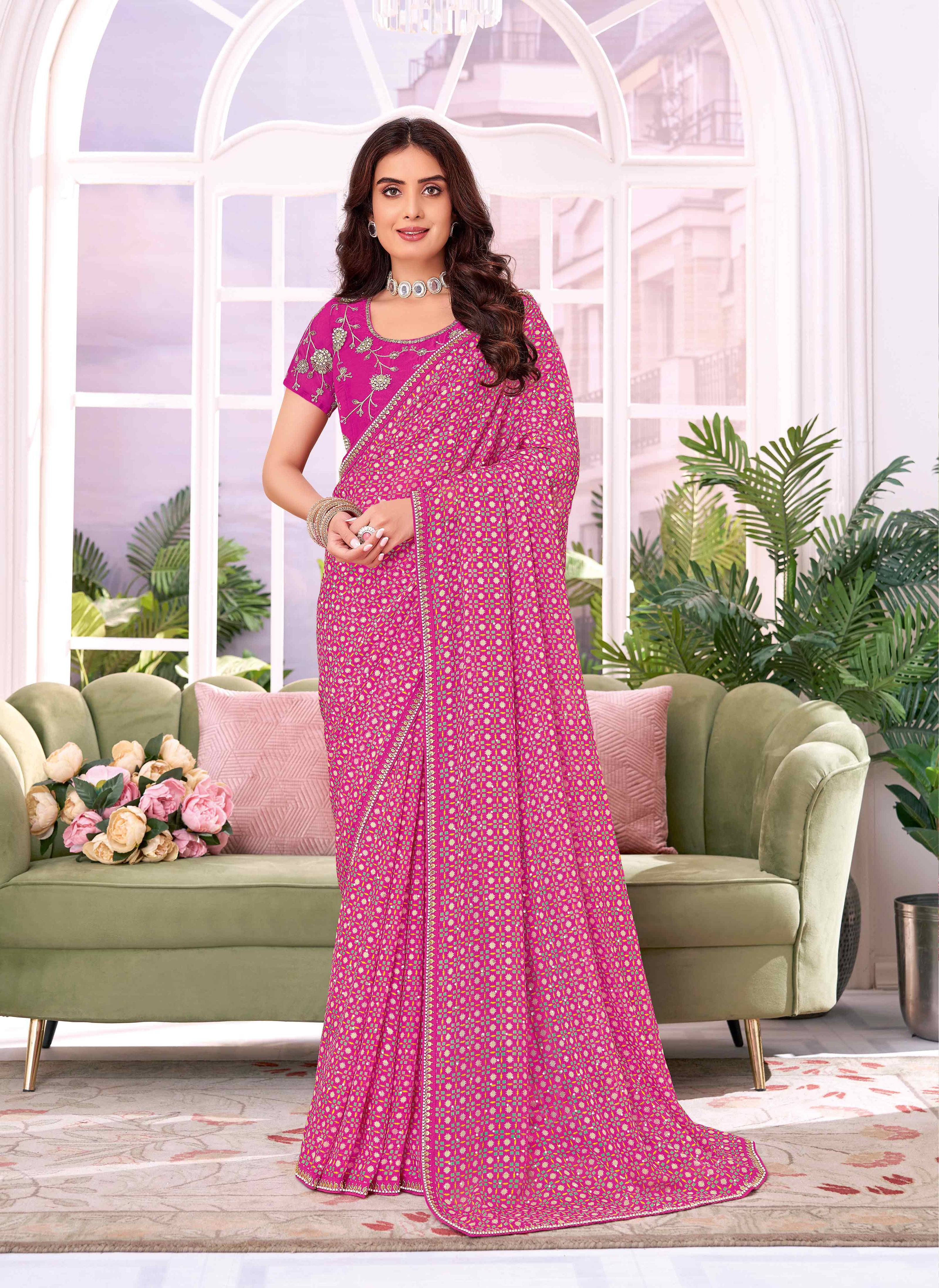 Laxmipati Megha Geometric Printed Chiffon Saree in Magenta Color with Unstitched Blouse