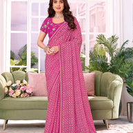 Laxmipati Megha Geometric Printed Chiffon Saree in Magenta Color with Unstitched Blouse