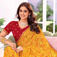 Laxmipati Megha Bandhani Printed Chiffon Saree in yellow Color with Unstitched Blouse